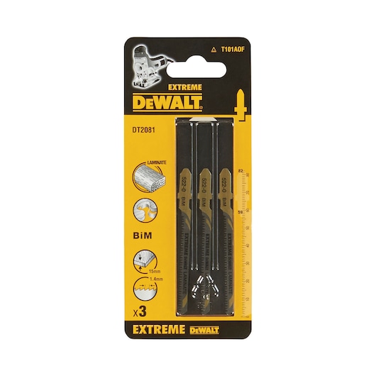 Pack of three DEWALT Extreme DT2081 jigsaw blades for cutting laminate, shown in yellow and black packaging with product information and specifications.