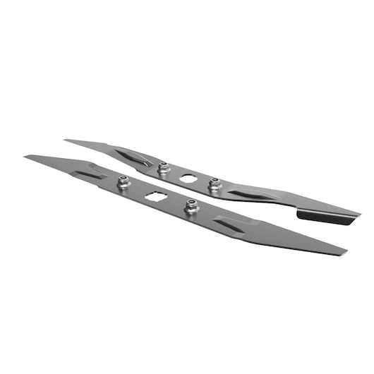 Two metal lawn mower blades with mounting holes and bolts, shown on a white background.