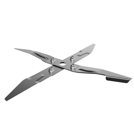 A metallic four-tooth blade attachment for a power tool, shown isolated on a white background.