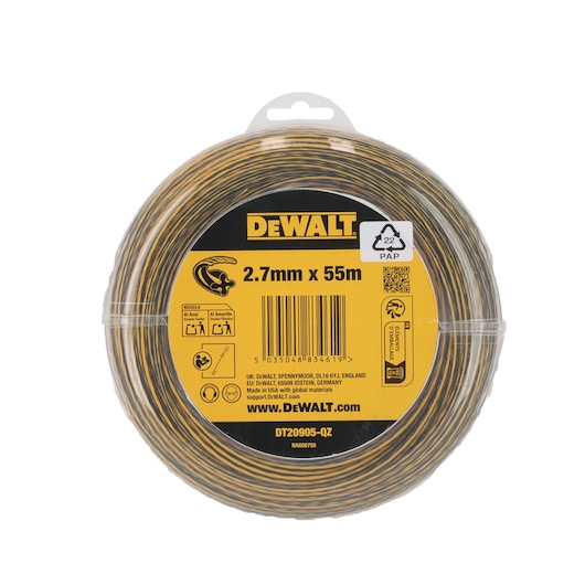 DEWALT spool, 2.7mm x 55m. Product SKUs DT20905-QZ, DT20905. Photography category.