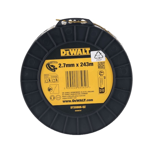 DEWALT spool, 2.7mm x 243m. Product DT20906-QZ, DT20906. Black round reel with yellow label.