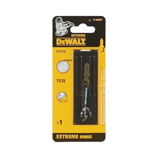 DEWALT DT2102 Extreme TCG jigsaw blade for ceramics in yellow retail packaging.