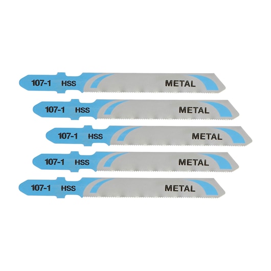 Five DEWALT metal jigsaw blades, silver and blue, labeled HSS 107-1 METAL, stacked horizontally.