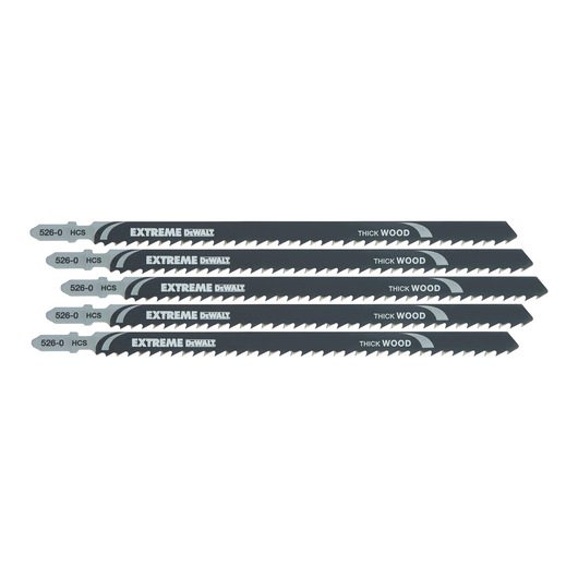 Five DEWALT branded jigsaw blades for thick wood, laid out in a row. The blades are marked with 'EXTREME DEWALT', 'THICK WOOD', and '526-0 HCS'.