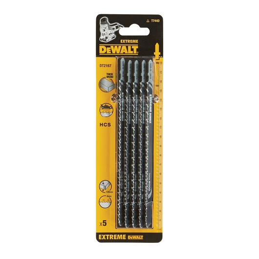 Pack of five DEWALT DT2167 Extreme jigsaw blades for thick wood, shown in original packaging. The packaging is yellow and black and features product details and symbols.
