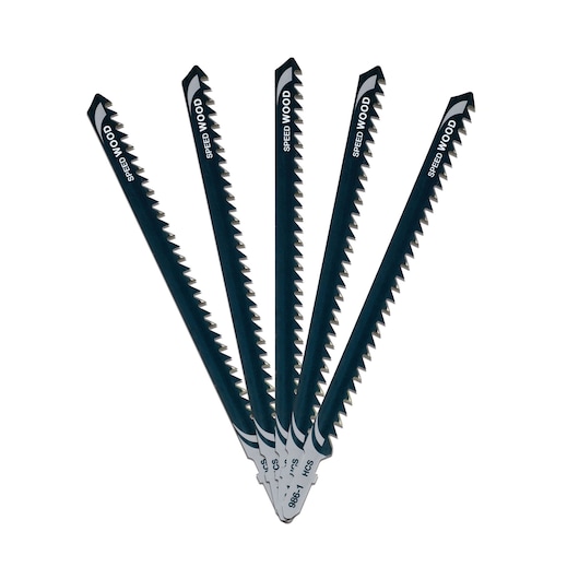 A set of five DEWALT jigsaw blades arranged in a fan shape. The blades are black with sharp teeth and labeled 'Speed Wood,' designed for cutting wood.