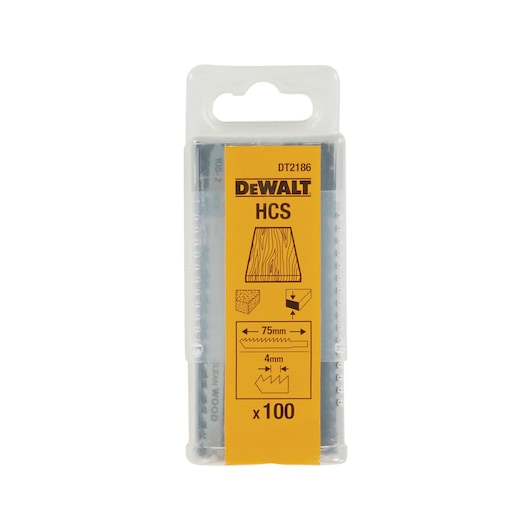 DEWALT DT2186 HCS jigsaw blade set, 75mm length, for wood, 100 pieces in clear plastic pack.