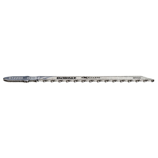 DEWALT DT2205 jigsaw blade for wood, metal blade with sharp teeth, shown on a white background.