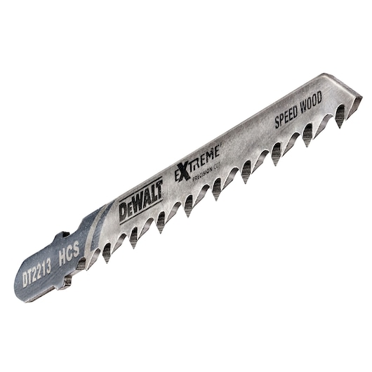 A DEWALT DT2213 Extreme Precision Cut jigsaw blade for speed wood, shown at an angle. The blade is metallic with sharp teeth and product information printed on its surface.