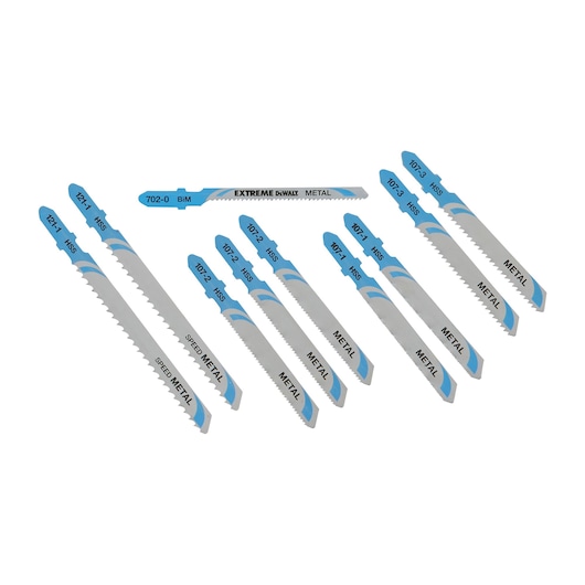 A set of nine DEWALT jig saw blades, each designed for cutting metal. The blades are silver with blue tips and varied teeth patterns, and are arranged on a white background.