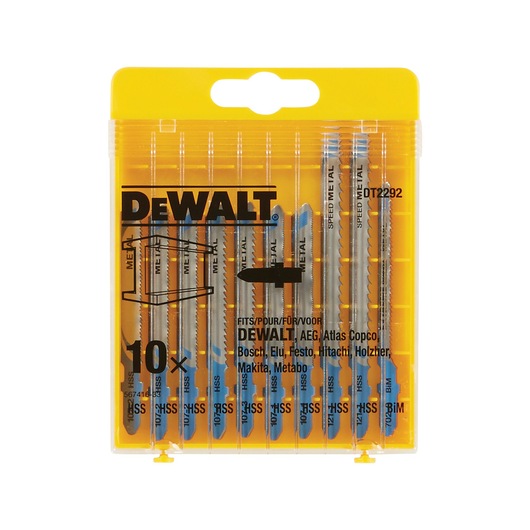 Pack of ten DEWALT DT2292 metal jigsaw blades in a yellow plastic case, designed for compatibility with multiple brands such as Bosch, Makita, and Metabo.