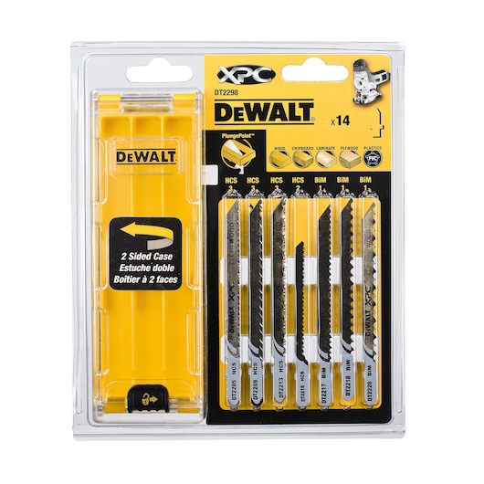 Packaged set of DEWALT DT2298 XPC assorted jigsaw blades with yellow double-sided storage case. The set includes 14 blades suitable for cutting wood, chipboard, laminate, plywood, and plastics, with blade types labeled HCS and BIM.