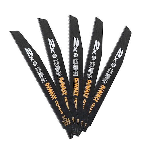 Five DEWALT DT2308L black reciprocating saw blades fanned out, showing logos and cutting icons on each.