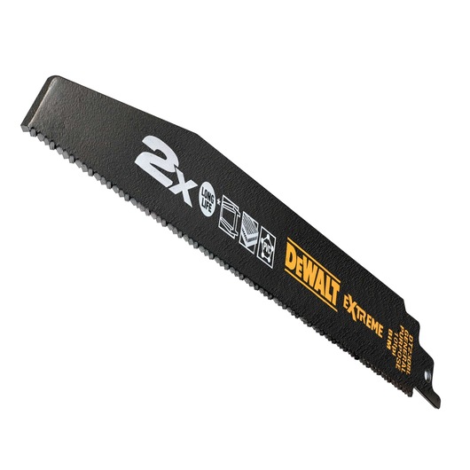 DEWALT DT2308L black reciprocating saw blade with 2X and Extreme logos, suitable for cutting PVC and metal.