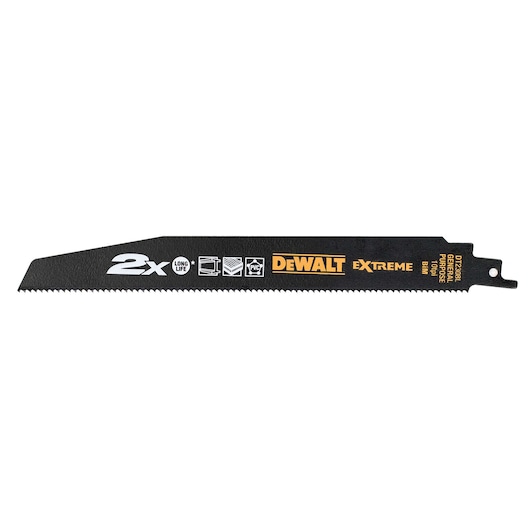 DEWALT DT2308L Extreme reciprocating saw blade for general purpose cutting, black with printed icons and text.