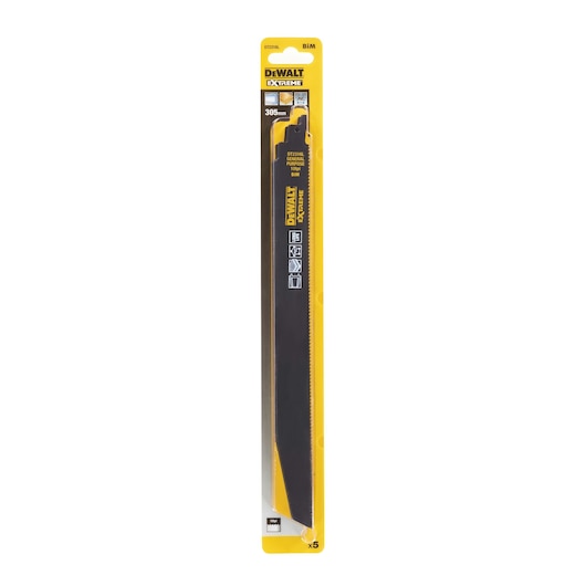 DEWALT DT2316L reciprocating saw blade in yellow packaging, 305mm, suitable for cutting metal.