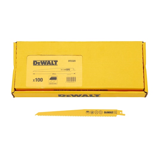DEWALT DT2320 yellow box with 100 reciprocating saw blades, one blade shown in front.