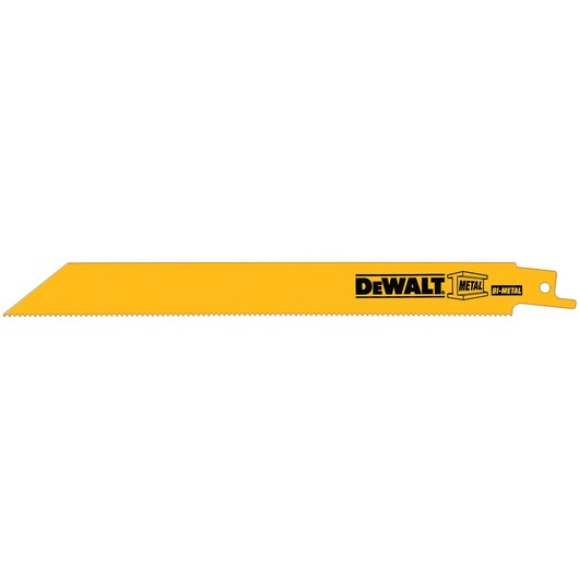A yellow DEWALT bi-metal reciprocating saw blade designed for cutting metal, featuring the DEWALT logo and product markings on the blade.