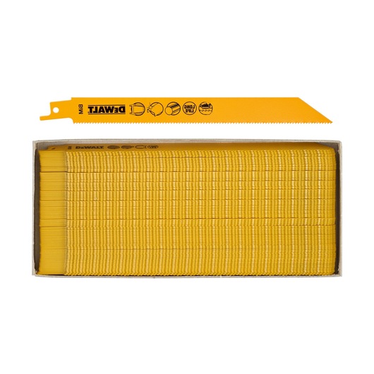 A box of DEWALT DT2323 yellow reciprocating saw blades is shown, with one blade placed above the box for display. The blades have a toothed edge and are designed for cutting materials.