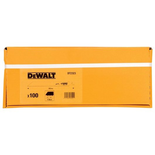 A yellow rectangular DEWALT box with the model number DT2323 on the label, containing 100 saw blades, each 203mm in length and 1.8mm thick.
