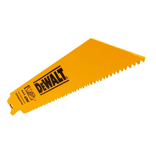 Yellow DEWALT saw blade with jagged teeth, angled and branded, used for cutting various materials.