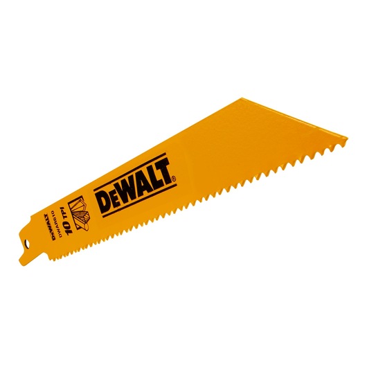 DEWALT DT2345 yellow reciprocating saw blade with sharp teeth, shown against a white background.