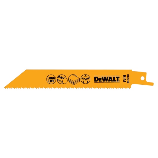 A yellow DEWALT DT2348 reciprocating saw blade with printed icons indicating suitability for wood, PVC, and long life. The blade has sharp teeth and a hole at one end for attachment.