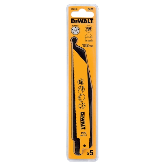 Packaged DEWALT DT2348 BiM reciprocating saw blade for cutting plastic and PVC, 152mm length, long life, pack of 5 blades.