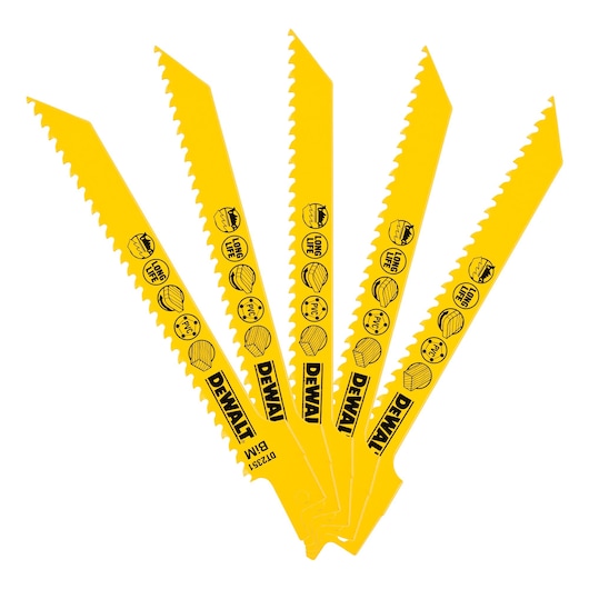 Five yellow DEWALT DT2351 saw blades fanned out, each with black text and symbols for material compatibility.