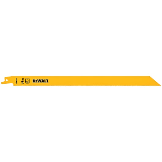 A DEWALT yellow reciprocating saw blade with fine teeth, model DT2355, suitable for cutting metal.