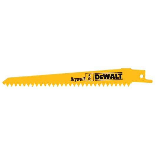 DEWALT yellow drywall saw blade with 6 TPI, showing the brand logo and jagged teeth.
