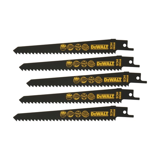 Five DEWALT DT2362 reciprocating saw blades for cutting wood and PVC, black with yellow text.