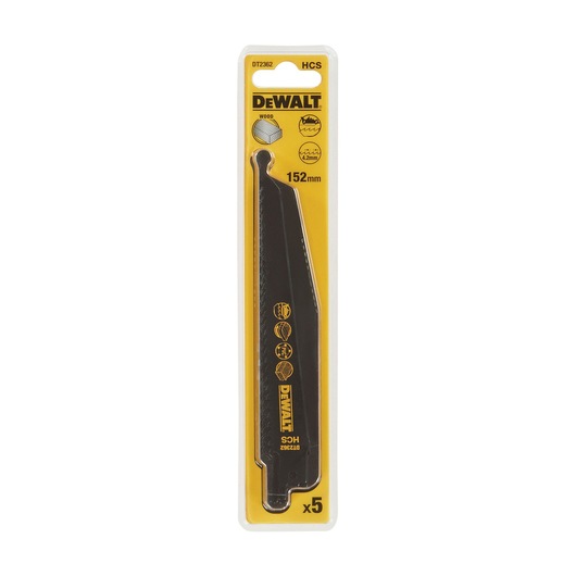 DEWALT DT2362 reciprocating saw blade pack, 152mm, for wood, black blade in yellow packaging, pack of 5.