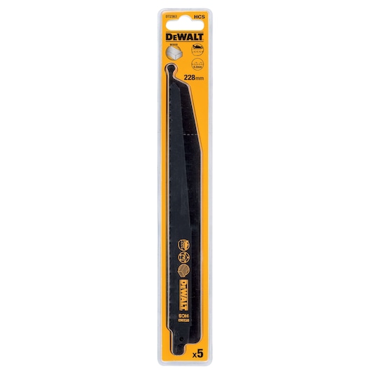 Pack of DEWALT DT2363 wood cutting reciprocating saw blades, with yellow and black packaging, showing one blade and product information including 228mm length and set of 5 blades.