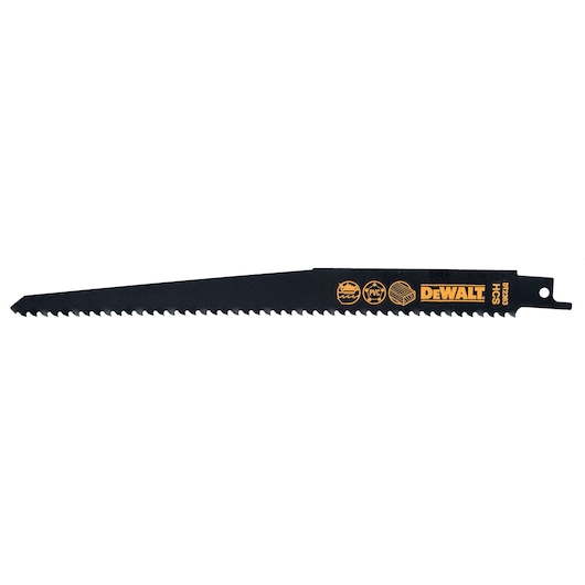 A black DEWALT reciprocating saw blade with sharp teeth and yellow branding, suitable for cutting wood and PVC, model DT2363.
