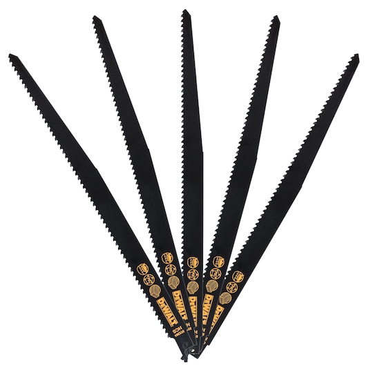 Five black DEWALT reciprocating saw blades spread out, showing sharp teeth and yellow branded labels.