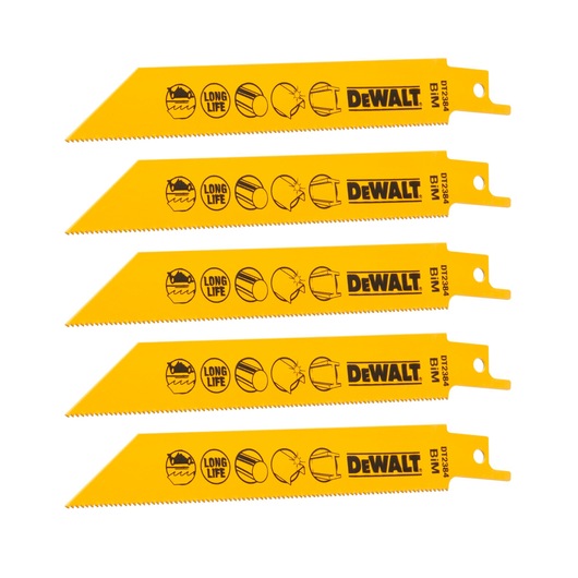Four yellow DEWALT reciprocating saw blades DT2384, each with black markings showing icons for long life and cutting different materials. The blades are displayed side by side with teeth facing left.