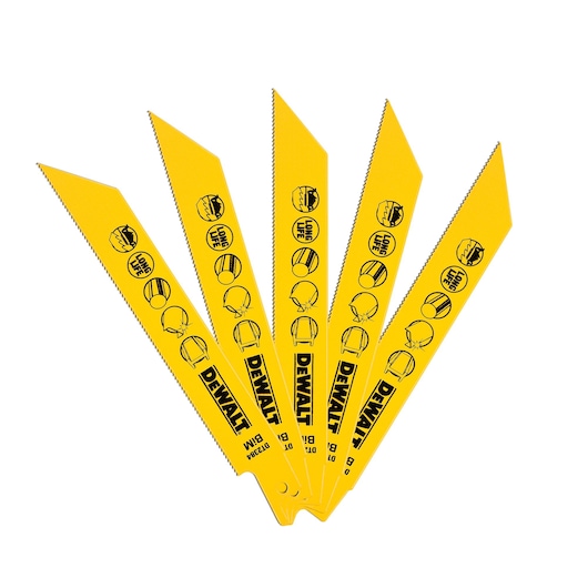 Five yellow DEWALT reciprocating saw blades, fanned out, each featuring black printed safety icons and product details including model number DT2384.