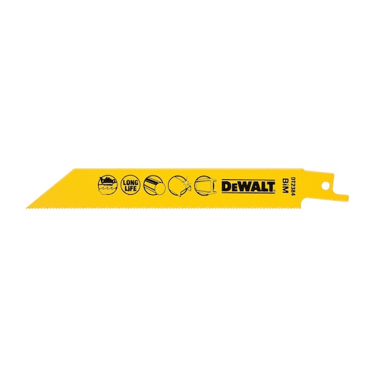A yellow DEWALT DT2384 Bi-metal reciprocating saw blade with black printed icons and text, designed for cutting various materials. The blade has a pointed tip and fine teeth.