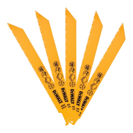 Five yellow DEWALT reciprocating saw blades, fanned out, each with printed icons and text indicating long life and suitable materials.