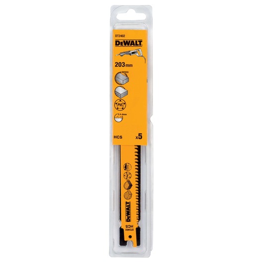 Pack of five DEWALT reciprocating saw blades, 203 mm, designed for cutting wood, PVC, and other materials. The packaging is yellow and black and includes icons indicating material compatibility.
