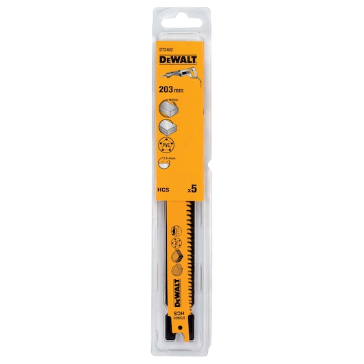 Packaged DEWALT DT2402 reciprocating saw blade set, containing five 203 mm blades suitable for cutting wood, plastic, and PVC. The blades are visible inside a clear plastic display case with yellow branding and product information.