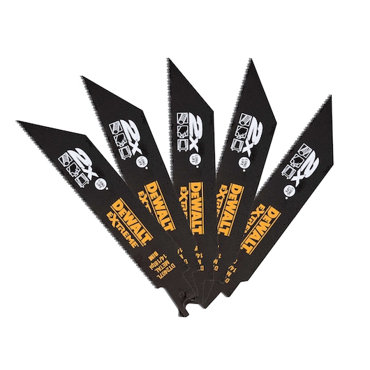 Five DEWALT Extreme reciprocating saw blades displayed in a fan arrangement, showing their black color, sharp teeth, and yellow DEWALT branding.