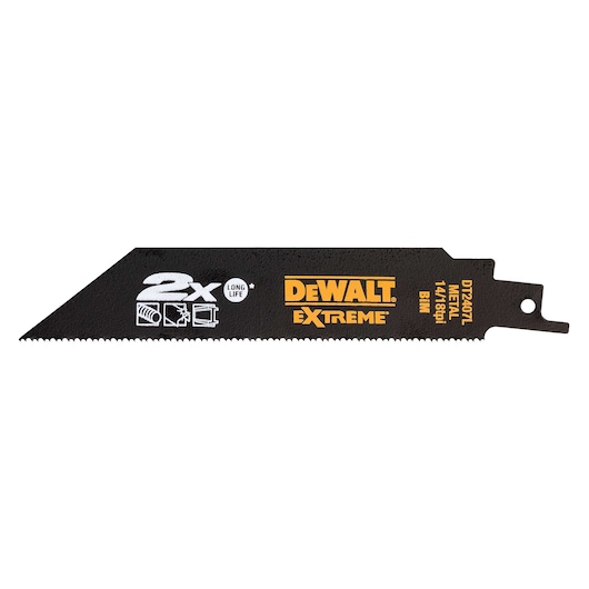 A DEWALT DT2407L Extreme reciprocating saw blade for metal, featuring black color with yellow and white branding, sharp teeth, and product specifications printed on the blade.