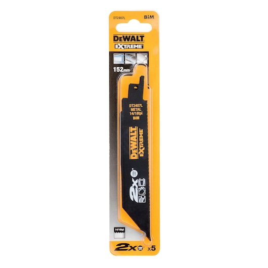 Packaged DEWALT EXTREME metal cutting reciprocating saw blade, model DT2407L, 152mm length, labeled BiM with cutting details and product information shown on yellow and black packaging.