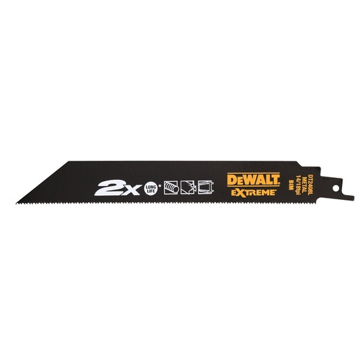 A DEWALT DT2408L Extreme metal cutting reciprocating saw blade, black in color, designed with angular tip and printed product information on the blade.