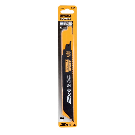 Packaged DEWALT Extreme reciprocating saw blade, model DT2408L, 203mm length, designed for cutting metal, shown in yellow and black packaging.