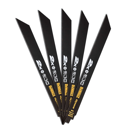 Five DEWALT DT2409L black reciprocating saw blades fanned out, used for cutting various materials.