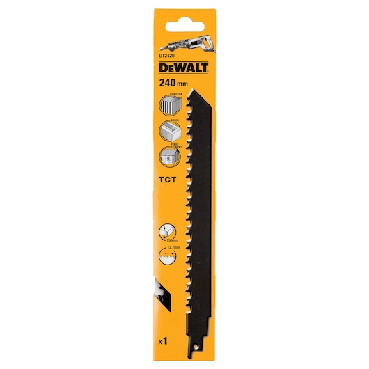 DEWALT DT2420 240mm saw blade in yellow packaging, suitable for cutting brick, poroton, and fibre cement.