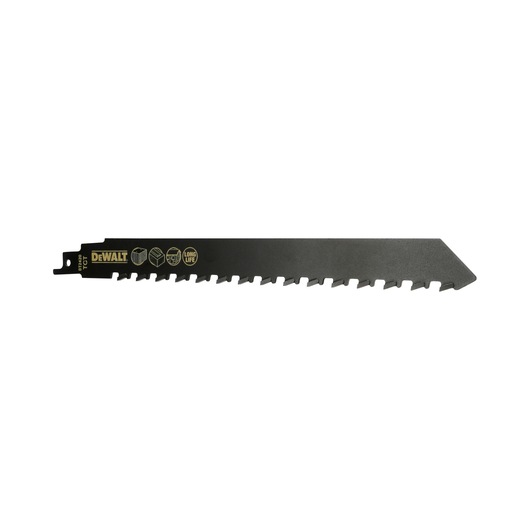 DEWALT DT2420 reciprocating saw blade, black, long life, suitable for cutting wood, packaging visible.